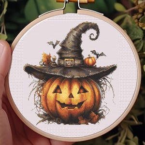 Halloween Cross Stitch Pattern, Pumpkin in Witch Hat Halloween, 182x200 Cross Stitch Pattern, PDF Digital Download, Modern Cross Stitch Gift