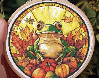 Frog Cross Stitch, 200x197, Autumn Cross Stitch Pattern, PDF Digital Download, Modern Cross Stitch Gift, Stained Glass Thanksgiving Frog