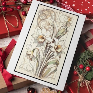 Art nouveau narcisbloemen, afdrukbare kaart, bloem geboortemaand maart, digitale download, botanische kaarten