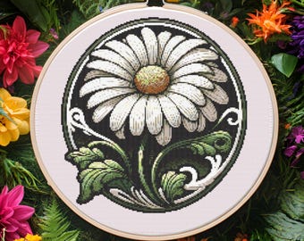 Birth Flowers cross stitch pattern, 200X200  Daisy April Cross Stitch, PDF Digital Download, Art Nouveau, Modern Cross Stitch Gift