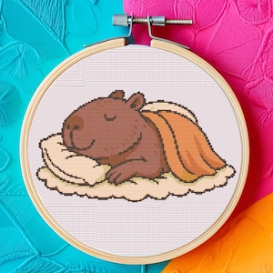 Capybara Cross Stitch Pattern, Sleeping Capybara, 150x83, Cute Capybara Cross Stitch, PDF Digital Download, Modern Cross Stitch Gift