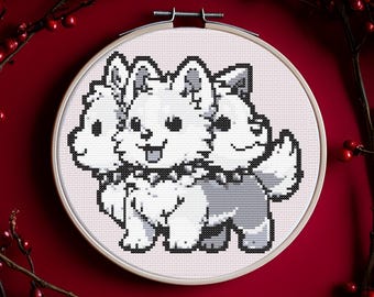 Corgi Cerberus Mítico em Ponto Cruz, 100 x 100, Padrão de Ponto Cruz Fantasia, Download Digital em PDF, Presente Nerd e Moderno em Ponto Cruz