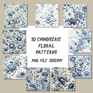 Chinoiserie Floral Collection - Chinoiserie backgrounds - Blue - Line Art - Floral Clipart - Unlimited Sales License, digital download