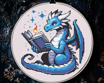 Book and Blue Dragon Cross Stitch Pattern, 193x200,  Fantasy Embroidery, PDF Digital Download, Bookish Gift