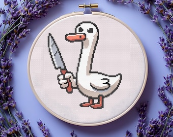 Patrón de punto de cruz acogedor, Ganso gracioso con cuchillo, 95x100, Patrón de punto de cruz de ganso, Descarga digital en PDF, Regalo moderno de punto de cruz