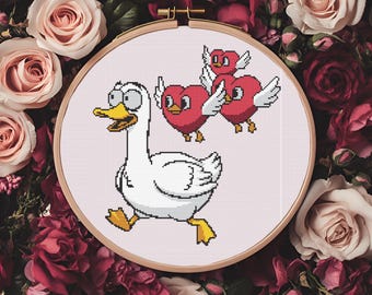Silly Goose Valentine Cross Stitch Pattern, 132x150,  Cute Cross Stitch Pattern, PDF Digital Download, Modern Cross Stitch Gift
