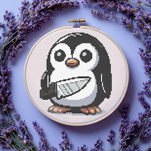 Penguin with a knife Cross Stitch Pattern,  80 x 92 , Fantasy Cross Stitch Pattern, PDF Digital Download, nerdy, Modern Cross Stitch Gift