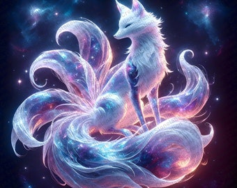 Celestial Kitsune digital download, Japanese folklore, Mythological Creature, png 300 DPI Japanese art, nine tailed fox
