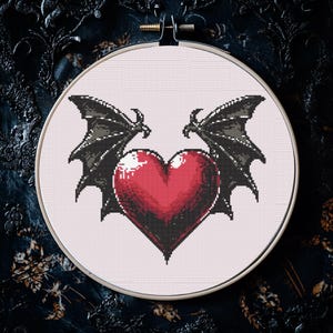 Goth Cross Stitch Pattern, Gothic Heart Bat Wings, 150X125, Alternative Cross Stitch Pattern, PDF Digital Download, Modern Cross Stitch Gift