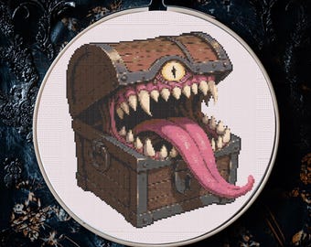DnD Cross Stitch Pattern 154x150 DnD Mimic Chest Cross Stitch, PDF Digital Download, geek cross stitch Gift, Dungeons and Dragons Mimic