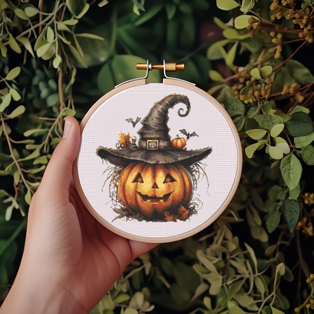 Halloween Cross Stitch Pattern, Pumpkin in Witch Hat Halloween, 182x200 ...