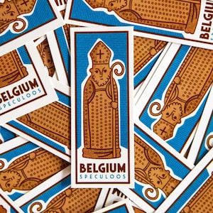Belgium Travel Sticker | Retro inspired vinyl decal with illustration of a St Nicholas speculoos cookie. | A great gift for travelers.