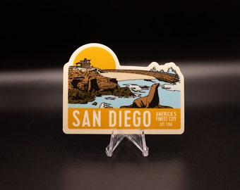 San Diego Illustrated Travel Sticker: La Jolla Children's Pool, Harbor Seals, California Sunset - America's Finest City. A great gift!