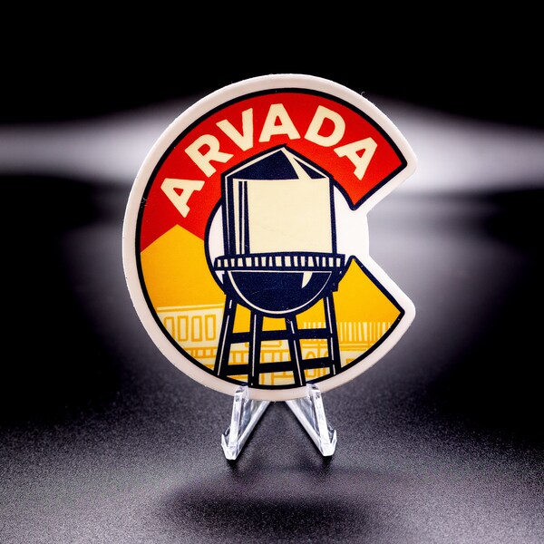 Arvada Colorado Sticker - Illustrated with the Arvada Water Tower and Olde Town Arvada store fronts. A great gift for Denver locals