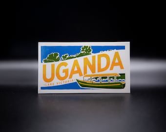 Uganda Travel Sticker: Discover Lake Victoria's Source of the Nile - Boat Illustration with Lush Greenery
