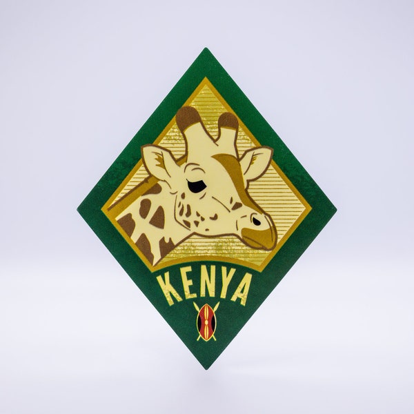 Safari-inspired Kenya Travel Sticker featuring a giraffe and Maasai Shield. Great gift for world travelers and lovers of African adventures.