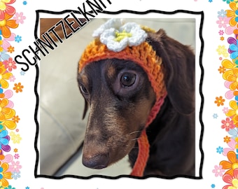 Spring colours dog beanie with white flowers. Spring dog hat.Pet hat.Dog clothes.Dachshund hat