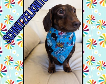 Cute comic zap, pow blue dog bandana . Comic dog clothes. Birthday gift for dogs. Pet parent gift.dachshund clothes.small dog clothes