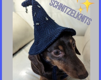 Navy blue dog witch/wizard hat with stars and moon charms. Small dog clothes. Fairy dog hat. Pet parent gift