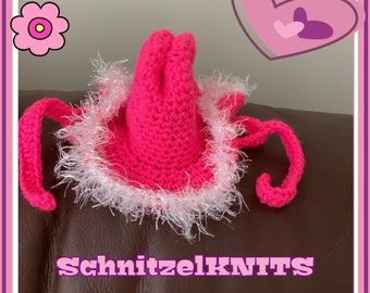 Neon pink dog cowboy hat  with whitefluffy trim  .Halloween dog hat. .dachshund hat .dog hat.dog clothes. pink dog hat