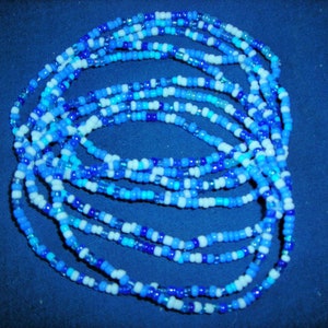 5- Soft Sky Blue Seed Bead Bracelets or Anklets  in soft blue color mixes. set of 5 bracelets or anklets on strong stretch cord.Gift for her