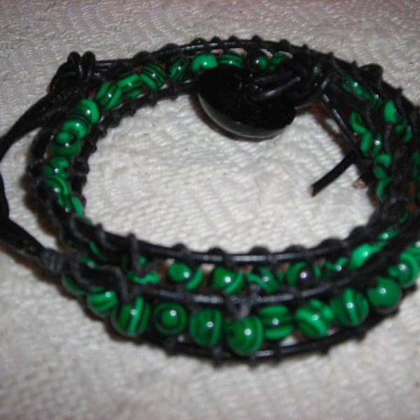 Malachite Leather wrapped bracelet. Men or Women wear. 2 or 3 wrap bracelet with green malachite stones. Boho hippie hobo look girls or boys