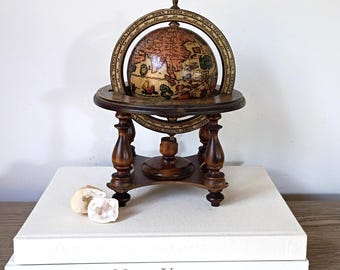 Vintage Old-World Globe with Wood Stand, Tabletop Desk Globe, Zodiac Astrology Decor, Masculine Office Decor