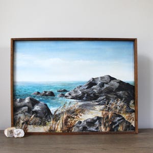 Vintage Framed Seascape Painting on Canvas, Beach Painting Ocean Painting Sea Painting Original Artwork Coastal Wall Art Beach House Decor