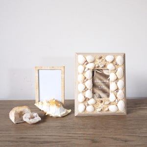 May include: Two decorative photo frames, one rectangular and one smaller, are displayed on a wooden surface. The larger frame is adorned with seashells and a starfish, with the text "sonoma" visible. A seashell and two geodes are also present.