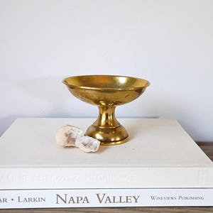 May include: A small, antique brass pedestal bowl with a rounded rim and a short, ornate stem. Two small, rough-cut quartz crystals sit in front of the bowl. The bowl is on top of two books with white covers.