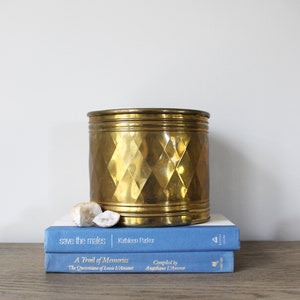 May include: A gold metal planter with a diamond pattern sits on top of two blue books. The top book has the text "save the males | Kathleen Parker" and the bottom book has the text "A Trail of Memories The Quotations of Louis L'Amour Compiled by Angelique L'Amour".