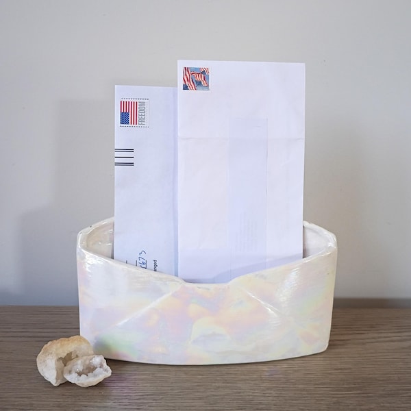 Vintage Iridescent Ceramic Mail Organizer, Entryway Organization, Mail Holder, Bill Sorter, Office Storage