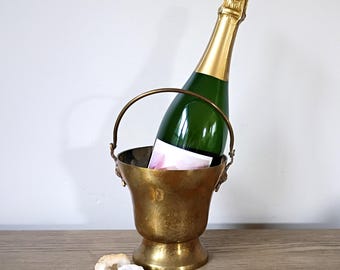 Vintage Brass Champagne Bucket, Brass Ice Bucket, Brass Barware, Brass Planter, Bar Cart Accessory MCM Barware Lions Head Brass Wine Chiller