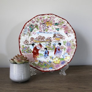 Vintage Chinoiserie Plate, Display Plate, Decorative Plate, Colorful Geisha Pate, Chinese Lantern Decor Chinoiserie Decor, Floral Wall Plate