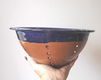 Handmade Cobalt Blue Colander Pottery Bowl, Hand Thrown Berry Bowl, Ceramic Stoneware Strainer