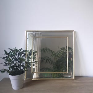 May include: Square gold-framed mirror with a smaller square mirror inside. The mirror reflects a room with plants and a window. A potted plant with green leaves sits to the left of the mirror. The mirror is a decorative home decor item.