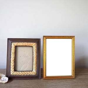 May include: Two rectangular picture frames. The left frame has a dark brown outer border and an inner gold border with a leaf-like pattern. The right frame is a simple, thin gold frame with a white rectangular insert. Both are standing upright.