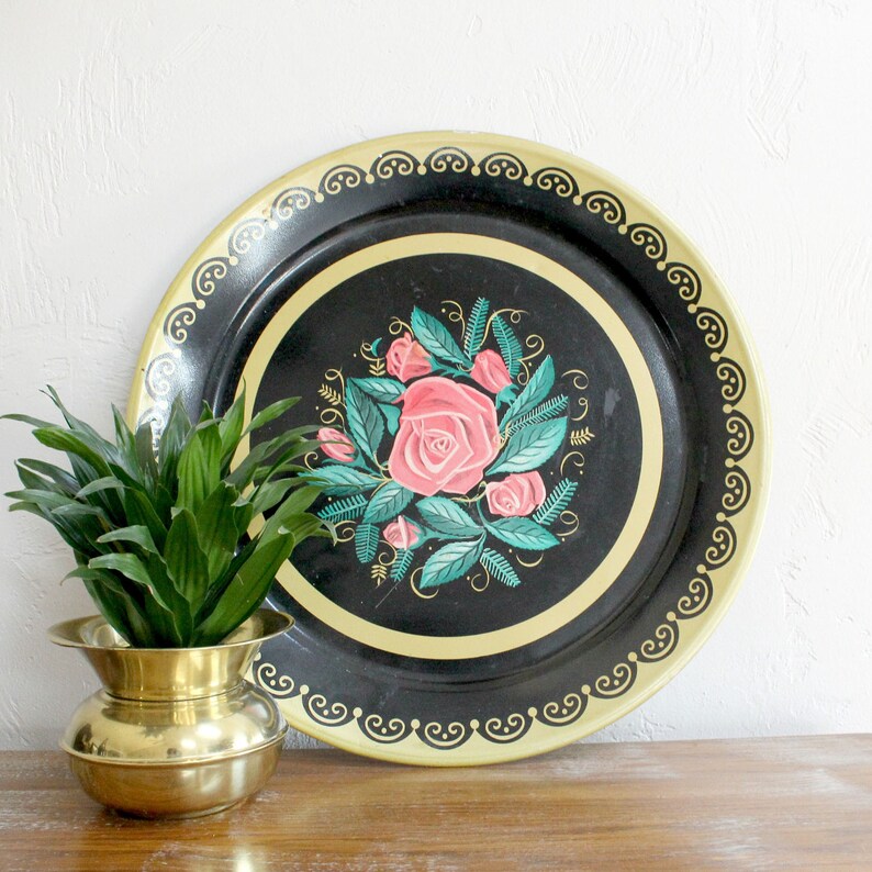 Vintage Fl Tray Large Metal Boho Decor Round Tole Wall Hanging Display Cocktail Decorative Black