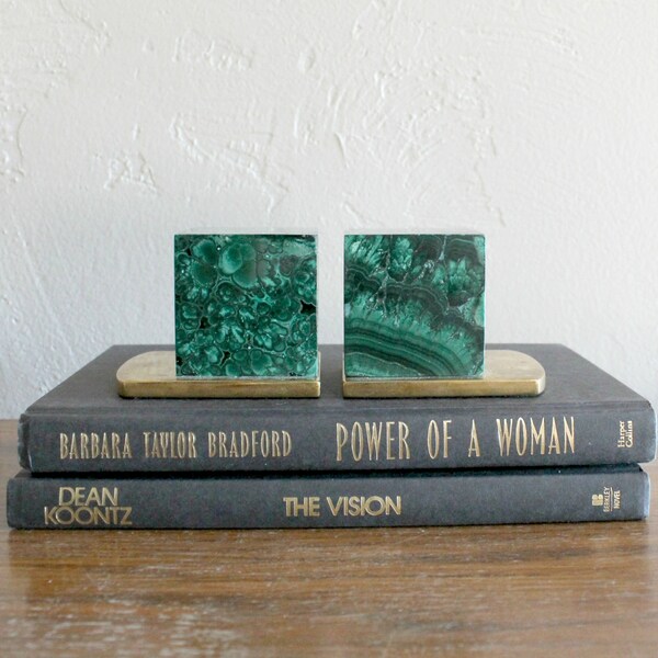 Malachite Book Ends, Brass Book Ends, Green Bookends, Bookshelf Decor, Desk Decor Mid Century Modern Book End Agate Book End, MCM Decor Pair