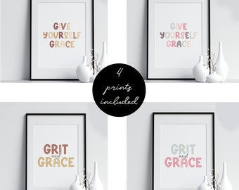 Grace bundle printable wall art includes 2 prints 'Give yourself grace' and 'Grit & Grace' | counselor office decor | School counselor print