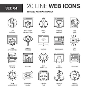 May include: A set of 20 line icons representing various aspects of SEO and web optimization. The icons are black and white and depict concepts such as link building, page speed optimization, local SEO, website ranking, SEO audit, code optimization, search process, hosting, bookmarks, SEO tags, keyword search, analytics, pay per click, web security, blogging, data management, customer review, landing page, anchor text, and target audience.