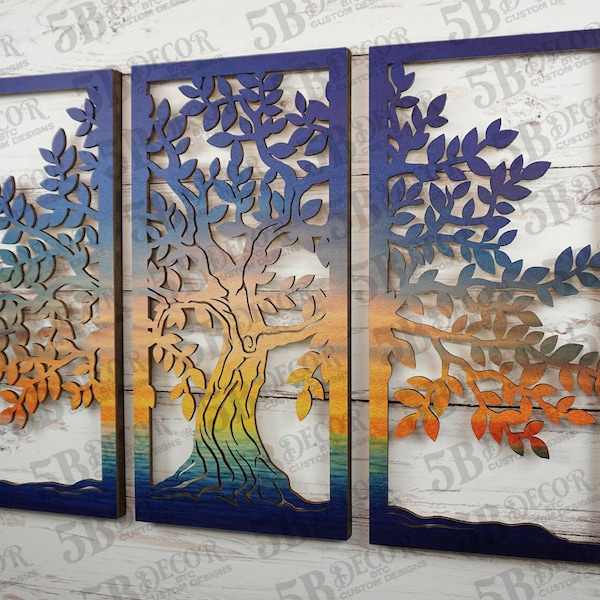 Tree of Life, Wooden Triptych, Multi Color Tree of life, Multi Color Triptych, 3 panel tree, Triptych, Three Panel Tree, Wooden Triptych