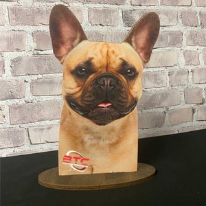 Peut inclure: Une découpe de tête de bouledogue français brun et blanc avec une base en bois brun. La base porte un logo rouge qui dit "BTC Custom Designs LLC".