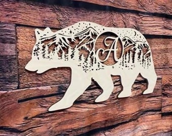 Bear, Starry Bear Mountain, Monogrammed Bear, Customized Bear, Mountain Decor, Bear Decor, Wood Mountain Scene, Wood Bear Scene