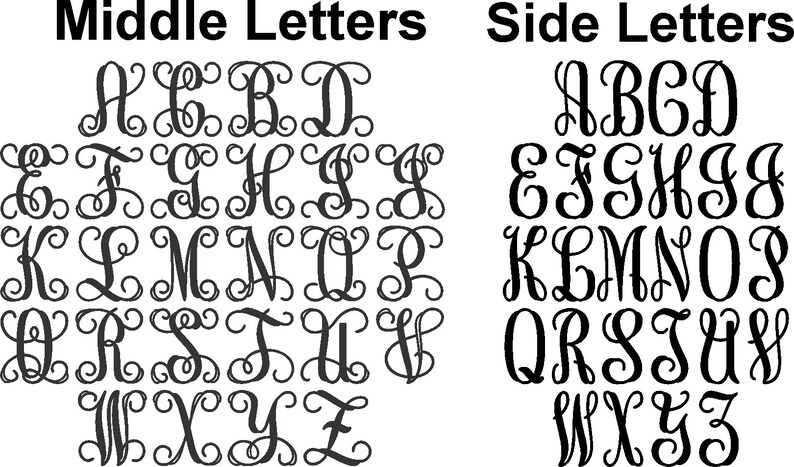 May include: A black and white image showing two sets of cursive letters. The letters are arranged in alphabetical order. The first set is labeled "Middle Letters" and the second set is labeled "Side Letters".