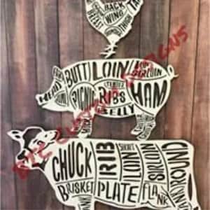 Meat butcher, Cow Cuts, Chicken cuts, Pig cuts, Set of 3 Butcher Cuts-Butcher Chart Set-Wooden Meat Cuts-Kitchen Decor, cuts of meat
