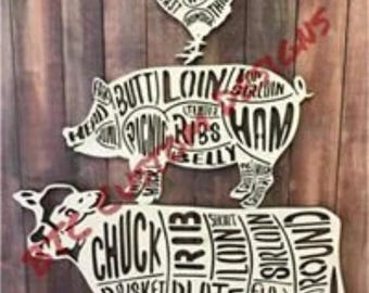 Meat butcher, Cow Cuts, Chicken cuts, Pig cuts, Set of 3 Butcher Cuts-Butcher Chart Set-Wooden Meat Cuts-Kitchen Decor, cuts of meat