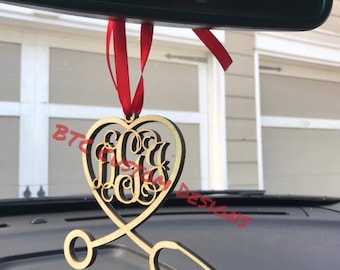 Stethoscope monogram,Doctor Monogram,  Nurse Monogram, Rearview Mirror Monogram, 3-letter wood monogram, 3-letter Car monogram, Car Charm