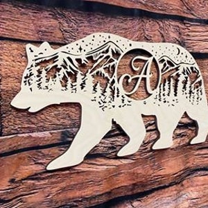 Starry Bear Mountain, Monogrammed Bear, Customized Bear, Mountain Decor, Bear Decor, Wood Mountain Scene, Wood Bear Scene