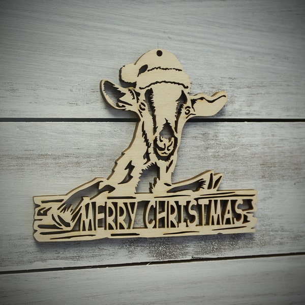 Christmas Goat, Goat Charm Ornament, Merry Christmas Goat Ornament, Farm ornament, Gift Tag, Goat lover, Goat Gift, wooden Ornament